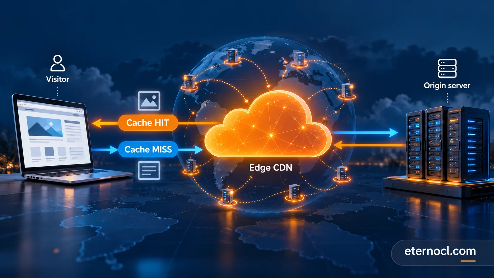 کلودفلر چیست و چگونه کار می‌کند؟ نمودار مسیر CDN، Cache HIT و Cache MISS تا سرور اصلی