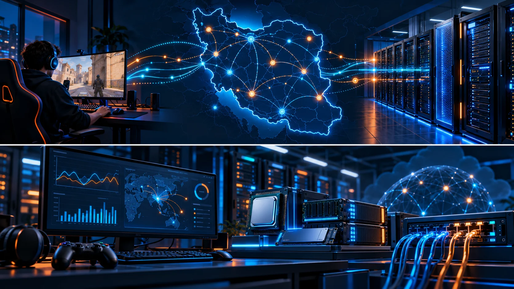 زیرساخت بهترین دیتاسنتر برای سرور بازی در ایران شامل CPU، RAM، SSD و شبکه بازی آنلاین
